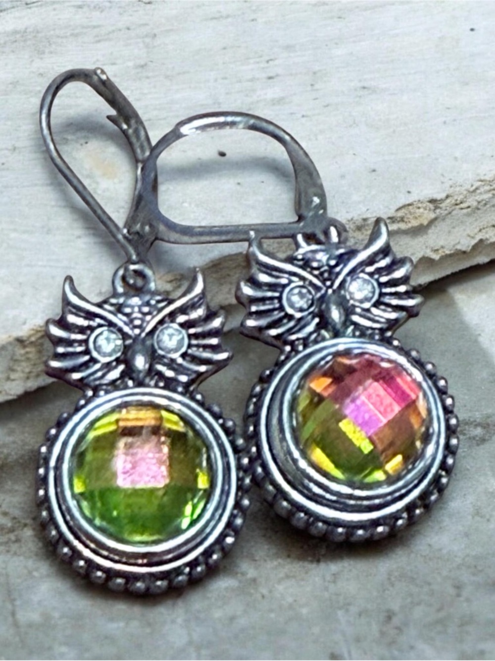 Vintage-Inspired Owl Drop Earrings with Green Pink Crystal Lever back